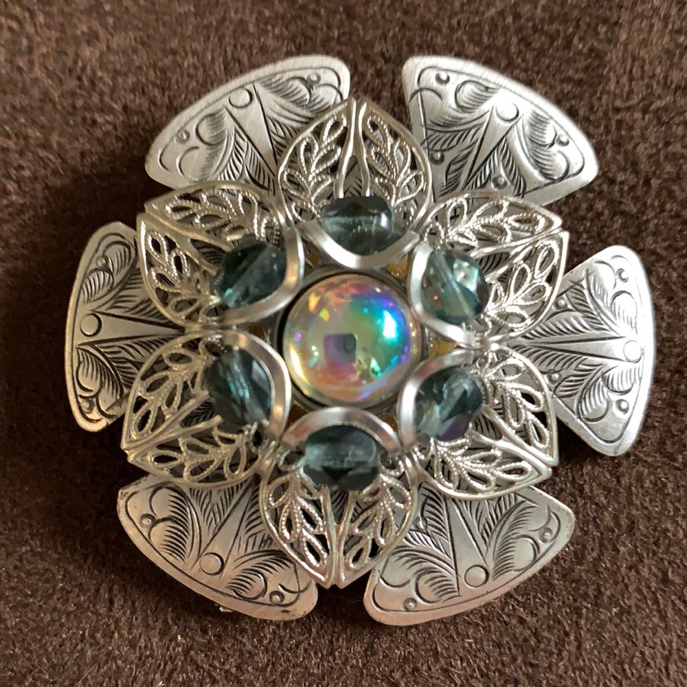 Brooch Aluminum Metal Brooch Artisan Crafted with Beads Circa 1955 to 1965